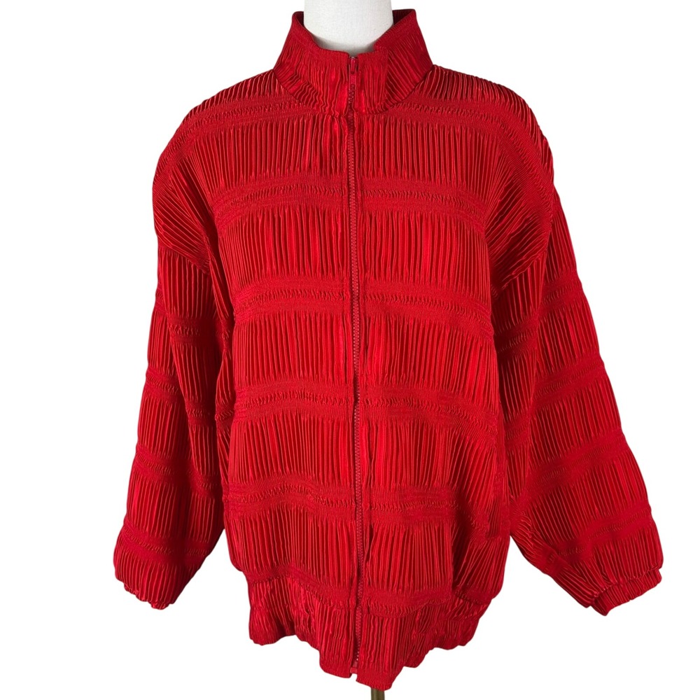 Vtg ADS American Designer Style Jacket Women L Red Plisse Pleated Bomber 80s